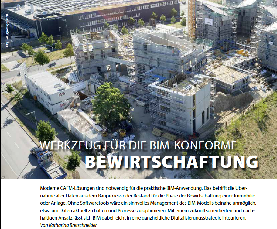 Screenshot Bauen Aktuell 3/2021, Artikel S. 10 "Werkzeug für BIM-konforme Bewirtschaftung" mit Foto Future Living Berlin-Baustelle + Teaser