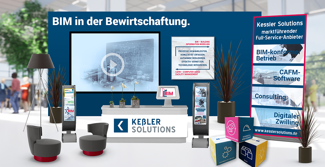 Bild des virtuellen Messestandes von Keßler Solutions auf der BIM-Tage 2021 mit Theke, Bannern, Video usf. (png)