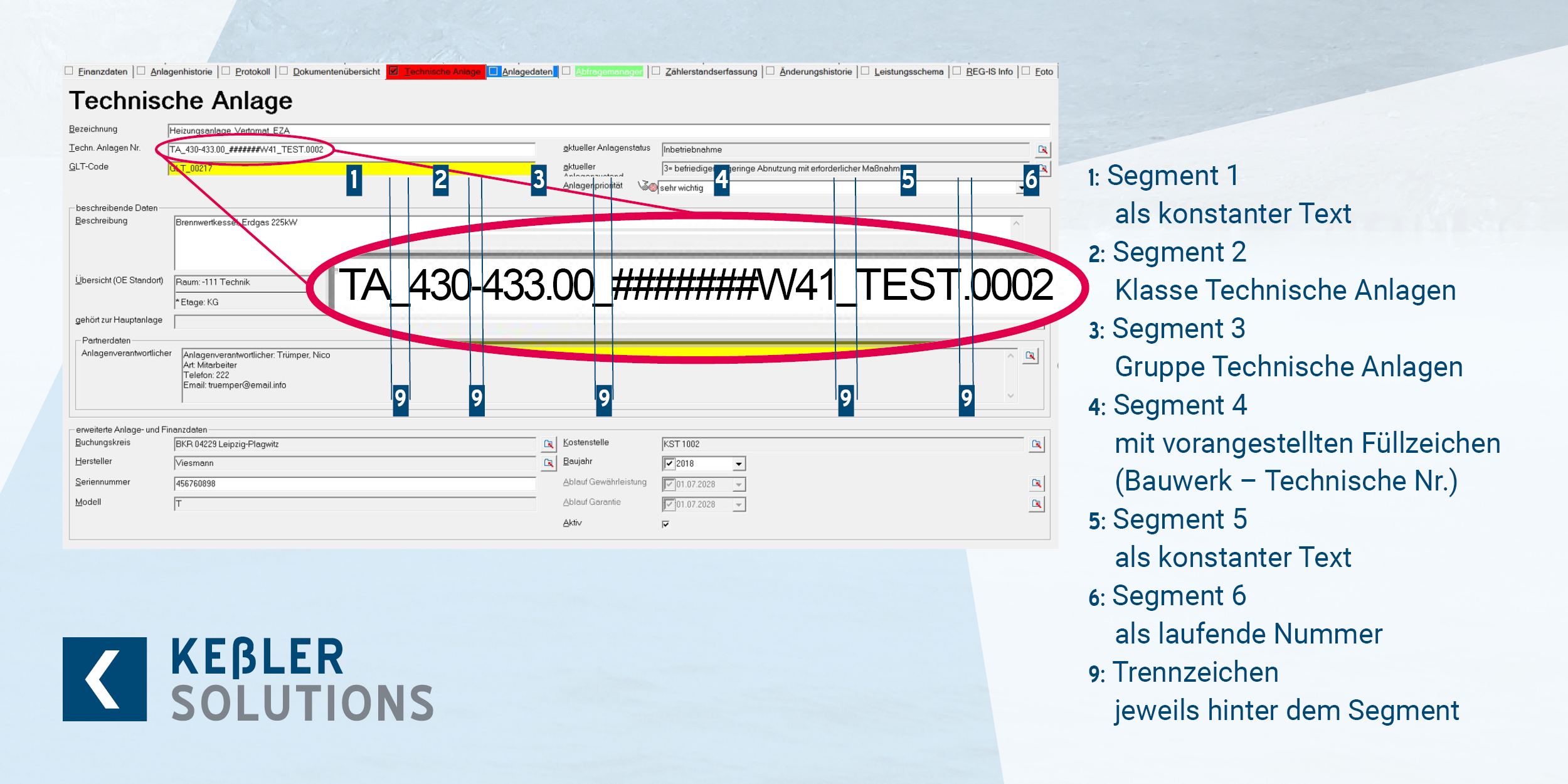 Screenshot aus der CAFM-Software FAMOS mit Aufstellung, wie sich die einzelnen Segmente eines Anlagenkennschlüssels ergeben (png).