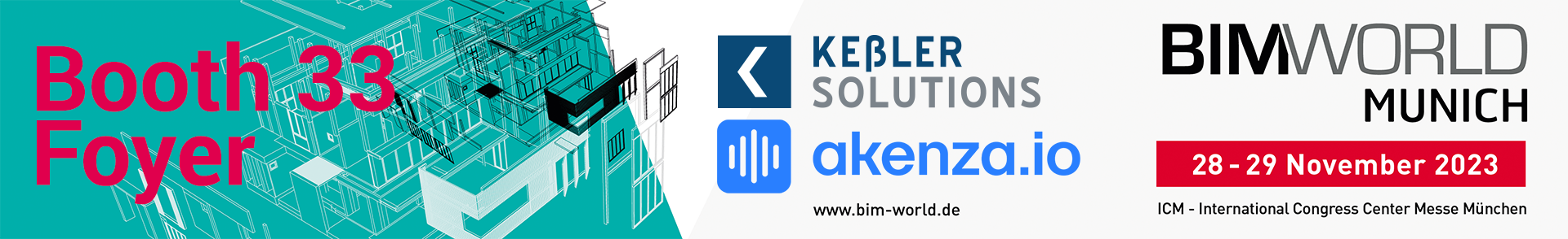 Banner BIM world MUNICH 2023 mit Logos Keßler Solutions und akenza