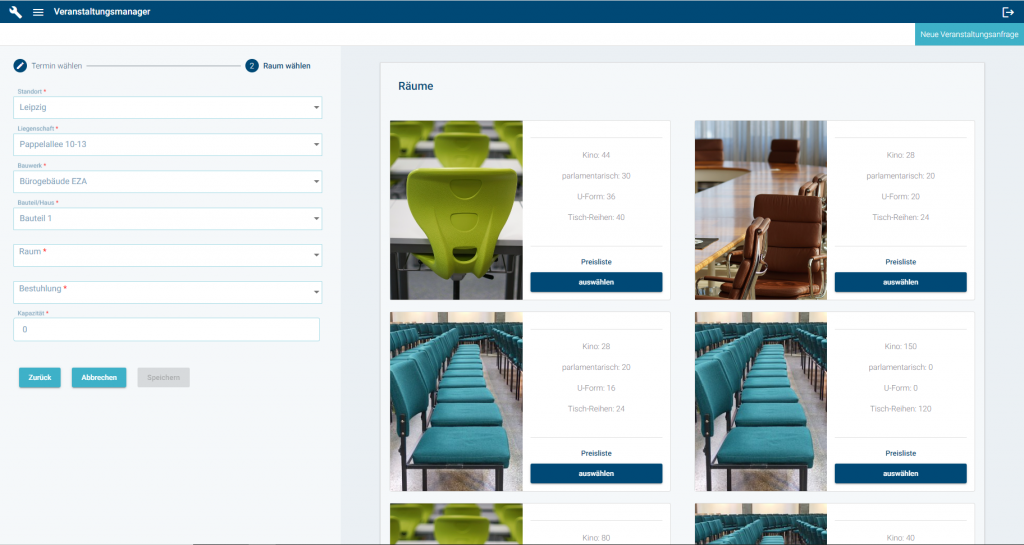 FAMOS-Screenshot Veranstaltung Raum wählen