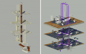 Digitaler Zwilling Future Living® Berlin: §D-Animation über mehrere Etagen: Lüftungsanlage (links) und Sanitäranlage (rechts)