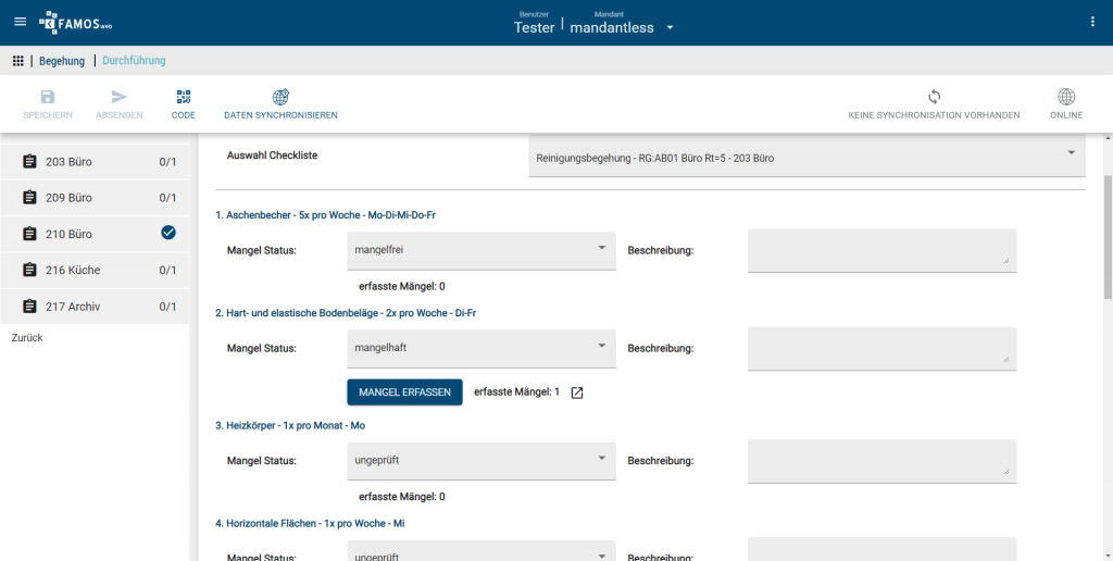 Screenshot der FAMOS-Weboberfläche zu dynamischen Checklisten im Modul Begehung