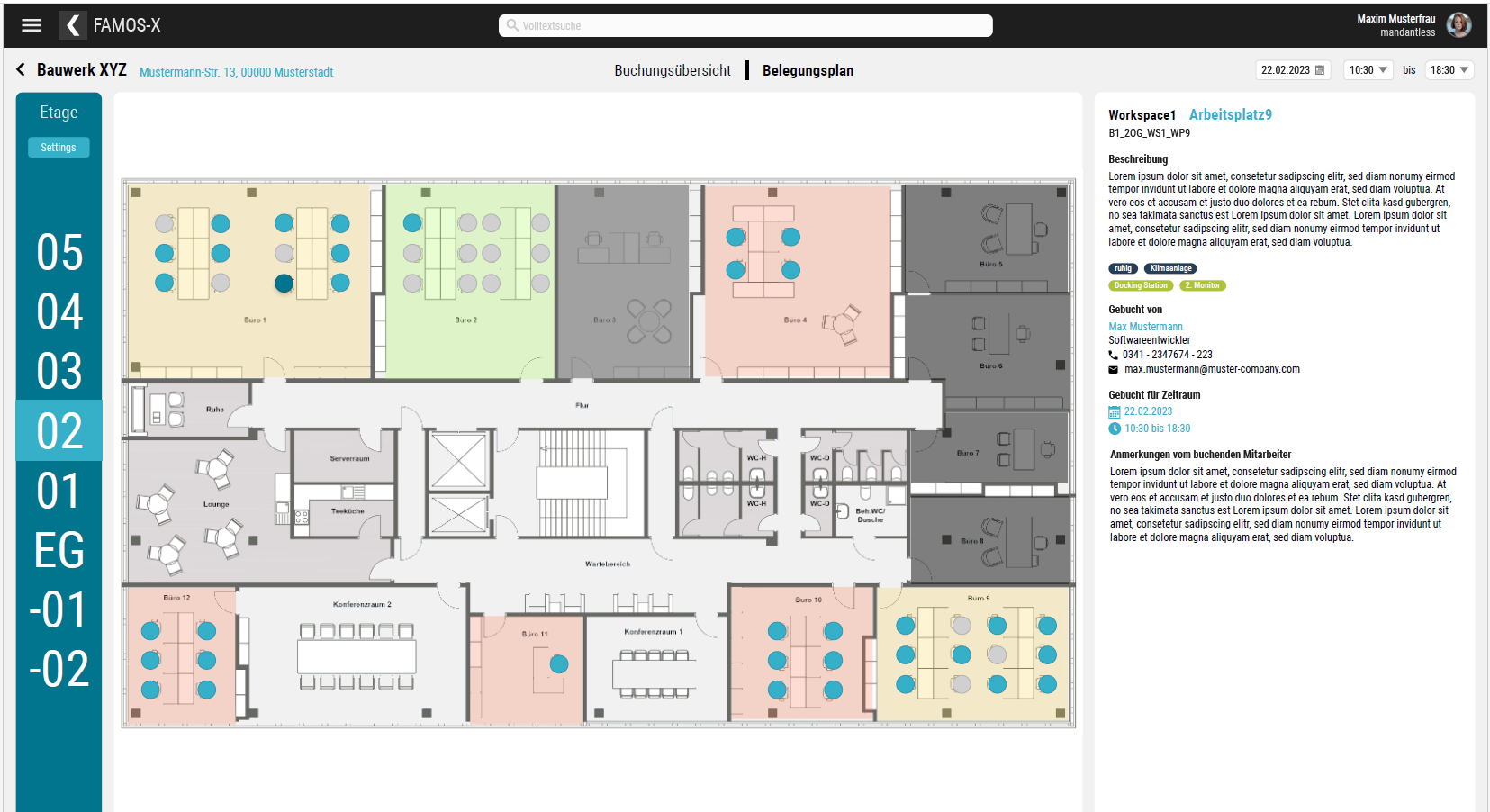 Dashboard occupancy plan with detailed information (screenshot)