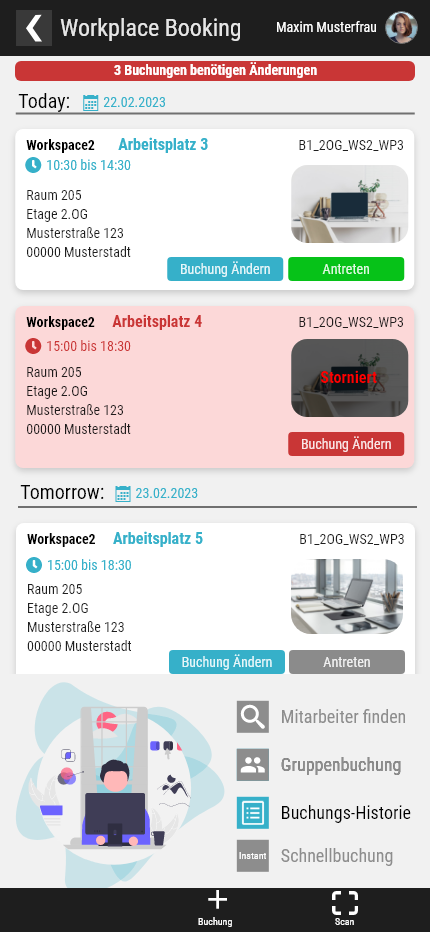 Nutzeransicht Web App Workplace-Management, Screenshot Smartphone