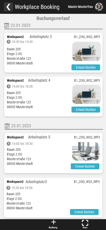 Nutzeransicht Web App Workplace-Management, Screenshot Smartphone
